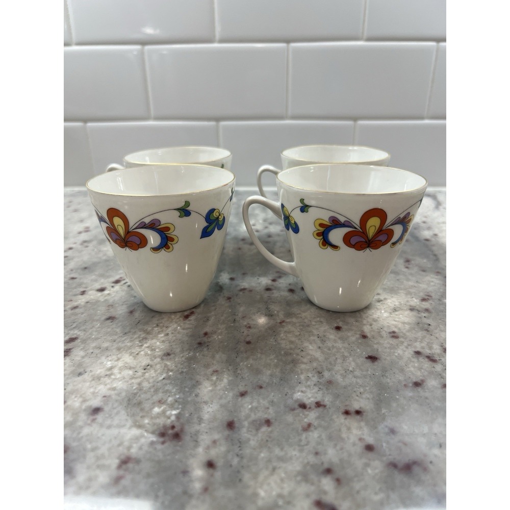 PORSGRUND NORWAY "FARMERS ROSE" - FLAT CUP‎ 2 7/8" GOLD TRIM Set Of 4